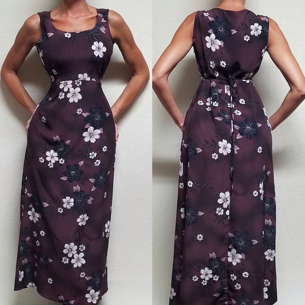 Vintage Lisa Jo Ombre Mulberry Tropical Floral Tie-Waist Sleeveless Midi Dress M